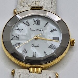 Ladies Pierre Nicol Gold Tone White Abalone Leather Band Analog Watch E6